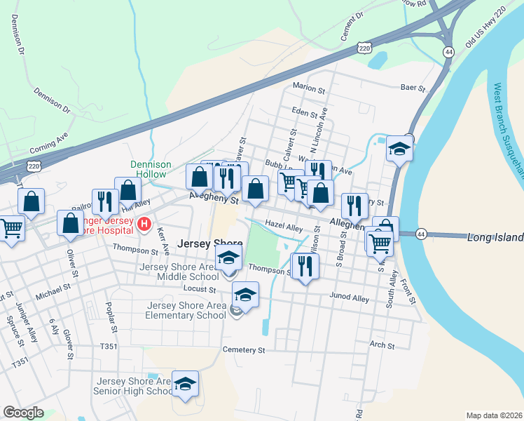 map of restaurants, bars, coffee shops, grocery stores, and more near 425 Allegheny Street in Jersey Shore