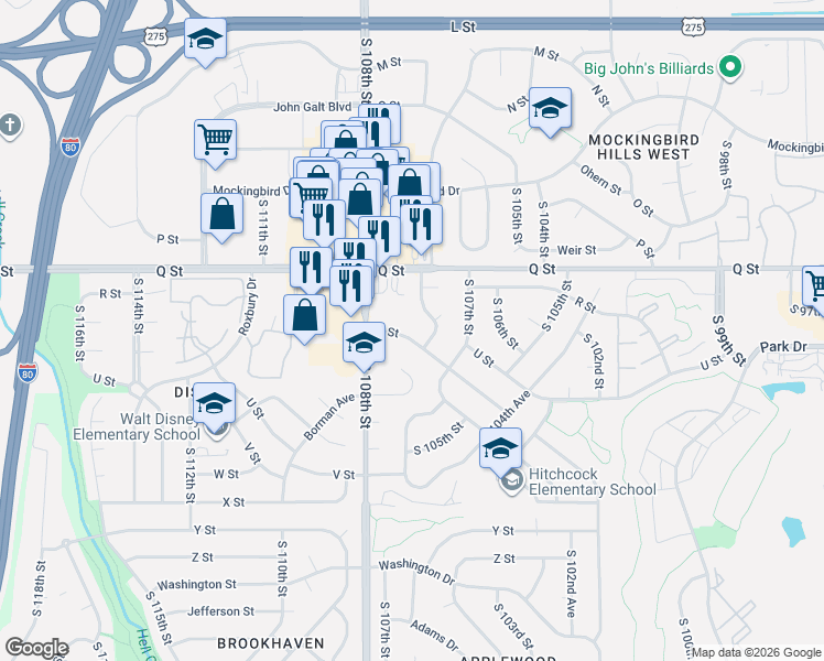 map of restaurants, bars, coffee shops, grocery stores, and more near 10768 V Street in Omaha