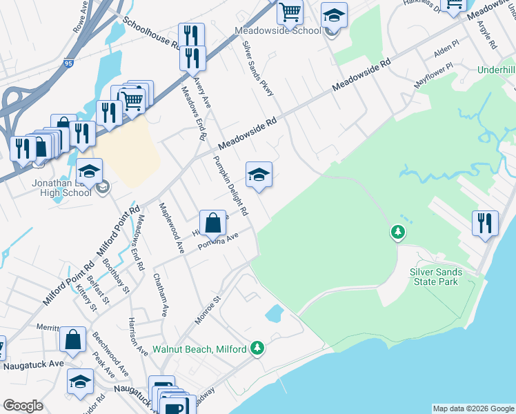 map of restaurants, bars, coffee shops, grocery stores, and more near 41 Art Street in Milford