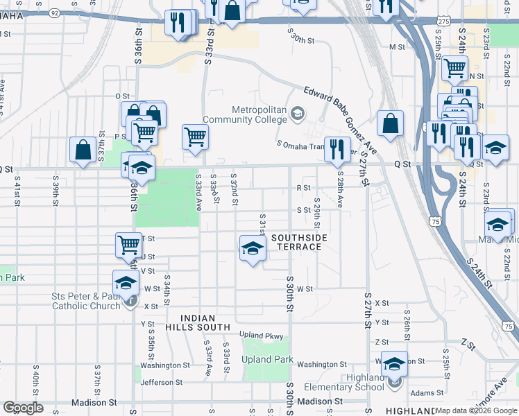 map of restaurants, bars, coffee shops, grocery stores, and more near 5328 South 31st Street in Omaha