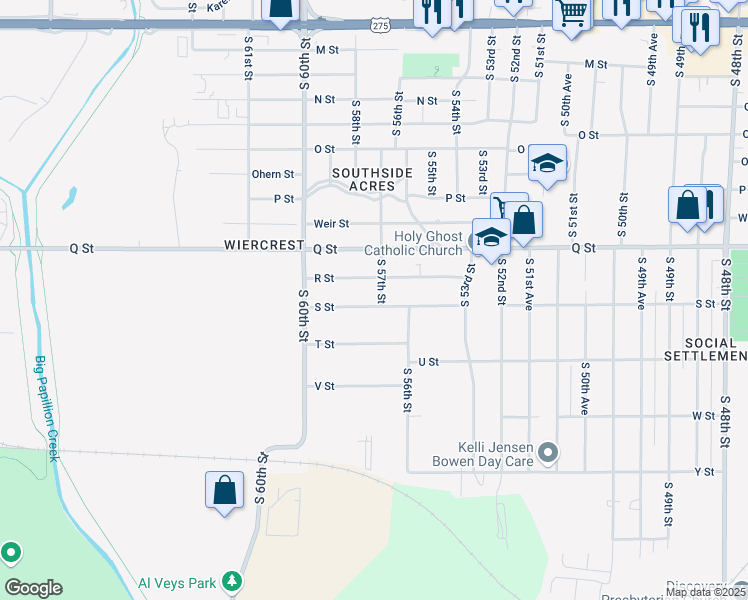 map of restaurants, bars, coffee shops, grocery stores, and more near 5330 South 57th Street in Omaha