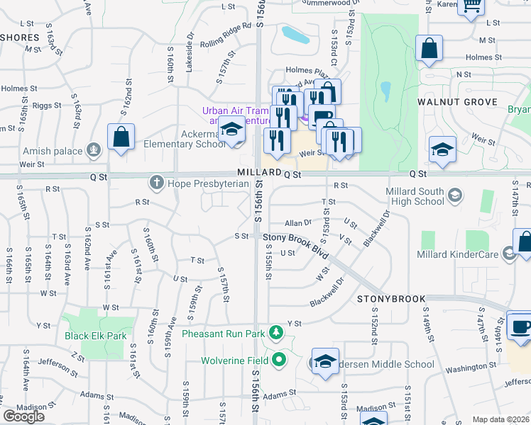 map of restaurants, bars, coffee shops, grocery stores, and more near 5512 South 155th Street in Omaha
