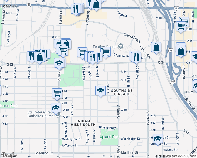 map of restaurants, bars, coffee shops, grocery stores, and more near 5323 South 32nd Street in Omaha