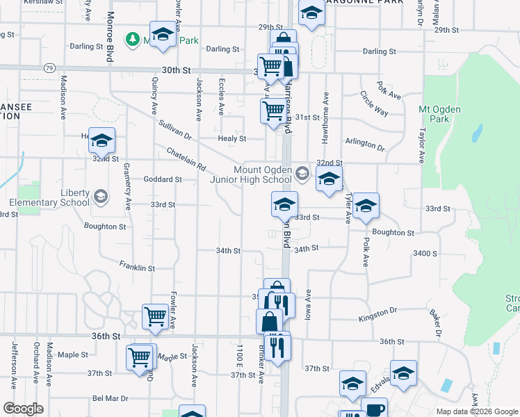 map of restaurants, bars, coffee shops, grocery stores, and more near 3294 Van Buren Avenue in Ogden