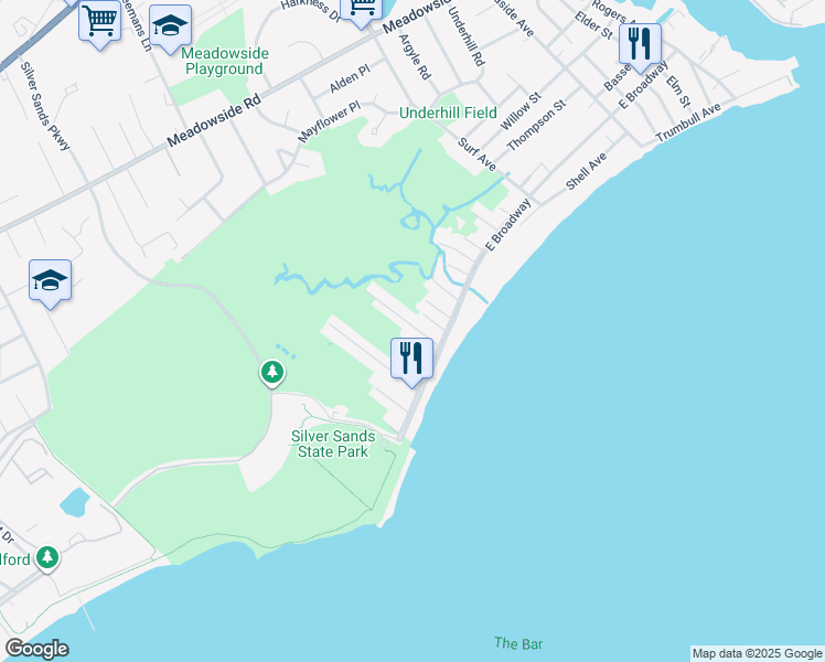 map of restaurants, bars, coffee shops, grocery stores, and more near 24 James Street in Milford