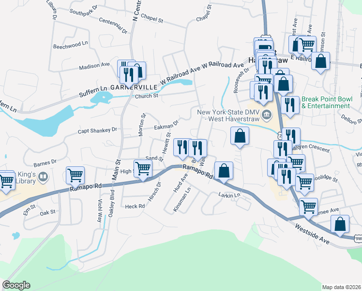 map of restaurants, bars, coffee shops, grocery stores, and more near 104 Ramapo Road in West Haverstraw