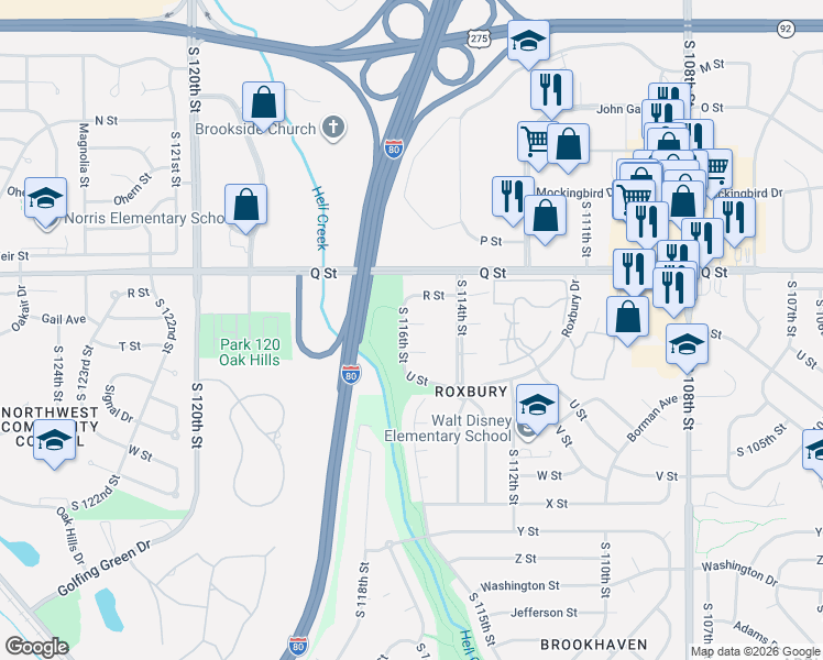 map of restaurants, bars, coffee shops, grocery stores, and more near 11413 S Circle in Omaha