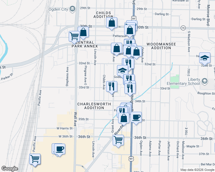 map of restaurants, bars, coffee shops, grocery stores, and more near 252 33rd Street in Ogden