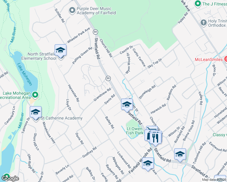 map of restaurants, bars, coffee shops, grocery stores, and more near 14 Davis Road in Fairfield