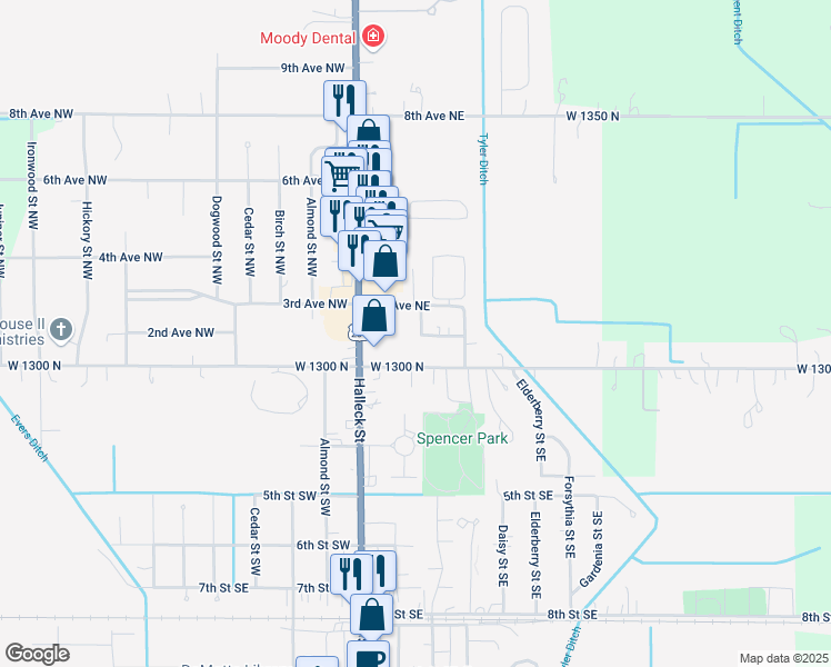 map of restaurants, bars, coffee shops, grocery stores, and more near 207 2nd Avenue Northeast in De Motte
