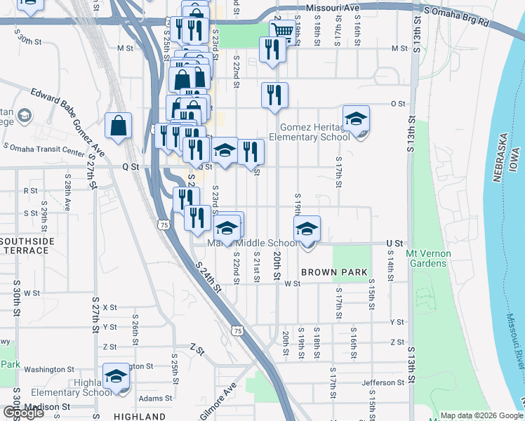 map of restaurants, bars, coffee shops, grocery stores, and more near 5407 South 21st Street in Omaha