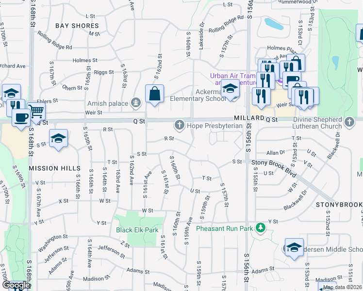 map of restaurants, bars, coffee shops, grocery stores, and more near 15953 R Street in Omaha