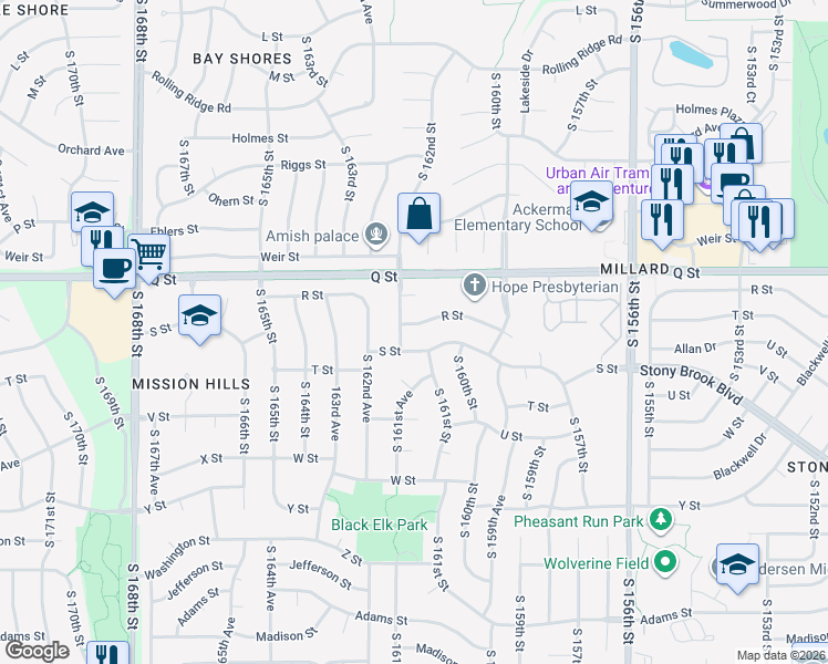 map of restaurants, bars, coffee shops, grocery stores, and more near 16121 R Street in Omaha