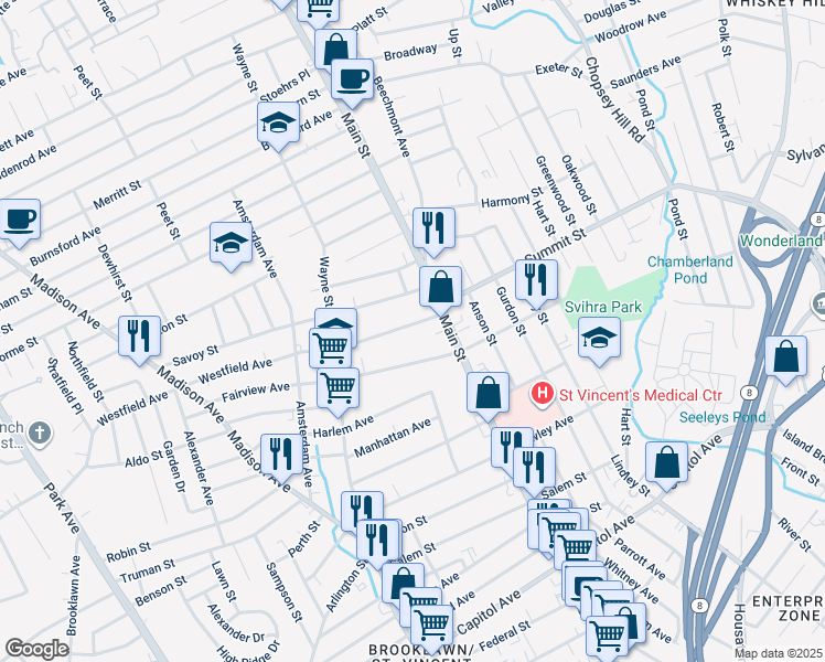 map of restaurants, bars, coffee shops, grocery stores, and more near 67 Westfield Avenue in Bridgeport