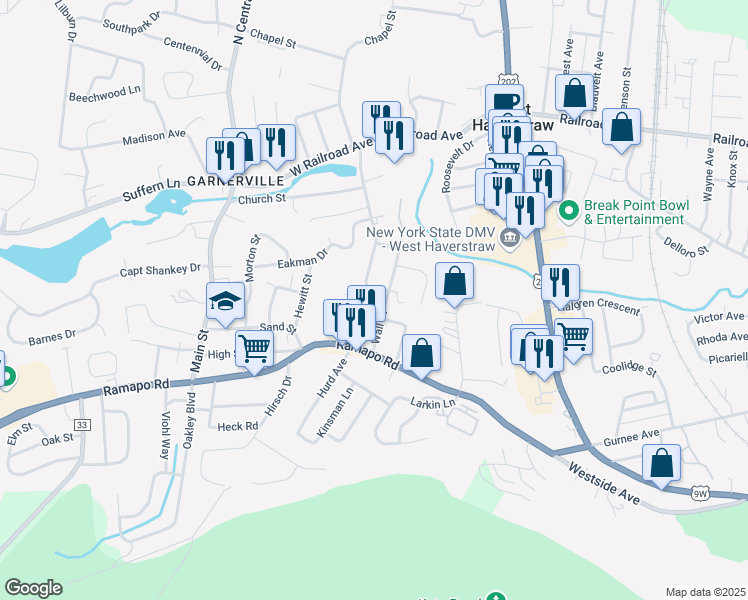 map of restaurants, bars, coffee shops, grocery stores, and more near 82-84 Bridge Street in West Haverstraw