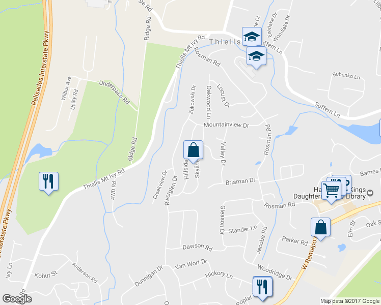 map of restaurants, bars, coffee shops, grocery stores, and more near 11 Hillside Drive in Thiells