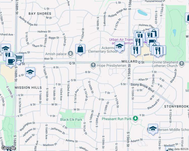 map of restaurants, bars, coffee shops, grocery stores, and more near 15953 R Street in Omaha
