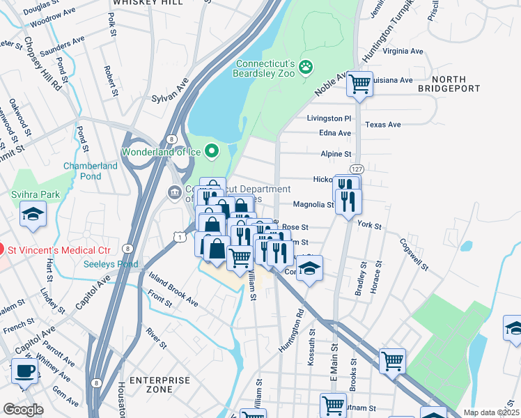 map of restaurants, bars, coffee shops, grocery stores, and more near 146 Hawthorne Street in Bridgeport