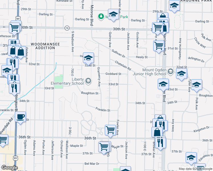 map of restaurants, bars, coffee shops, grocery stores, and more near 3305 Quincy Avenue in Ogden