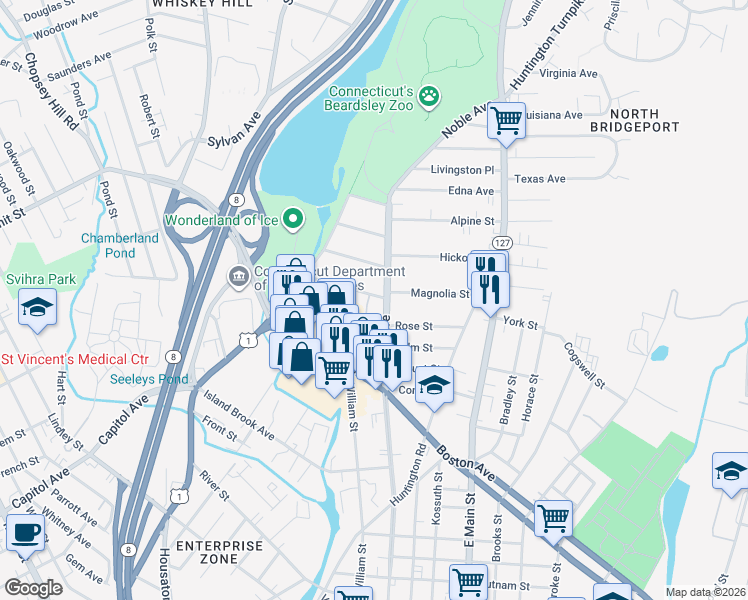 map of restaurants, bars, coffee shops, grocery stores, and more near 170 Hawthorne Street in Bridgeport