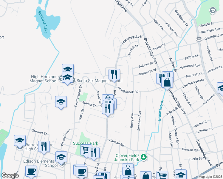 map of restaurants, bars, coffee shops, grocery stores, and more near 100 Claudia Drive in Stratford