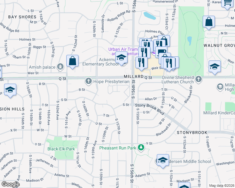map of restaurants, bars, coffee shops, grocery stores, and more near 15701 R Plaza in Omaha