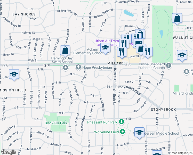 map of restaurants, bars, coffee shops, grocery stores, and more near R Plaza in Omaha