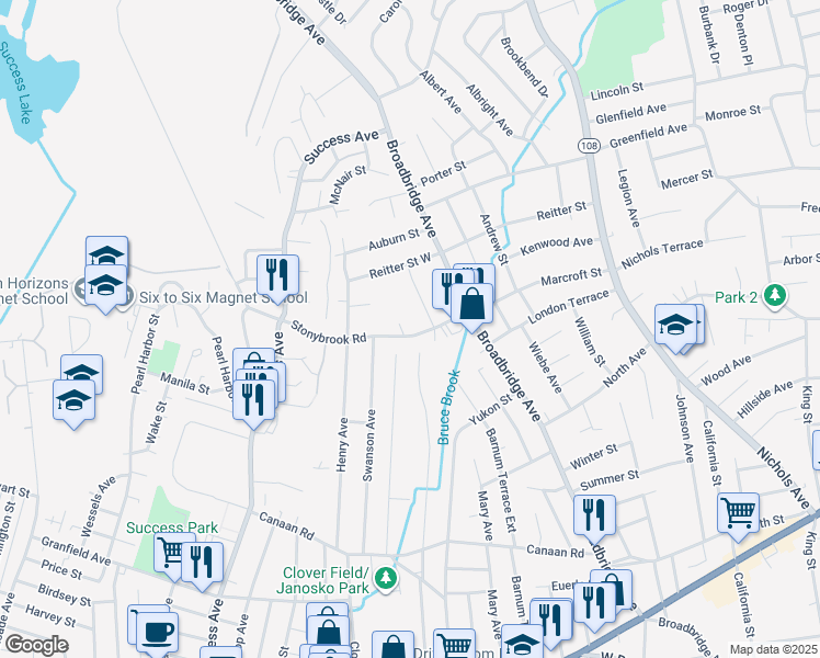 map of restaurants, bars, coffee shops, grocery stores, and more near 118 Stonybrook Road in Stratford