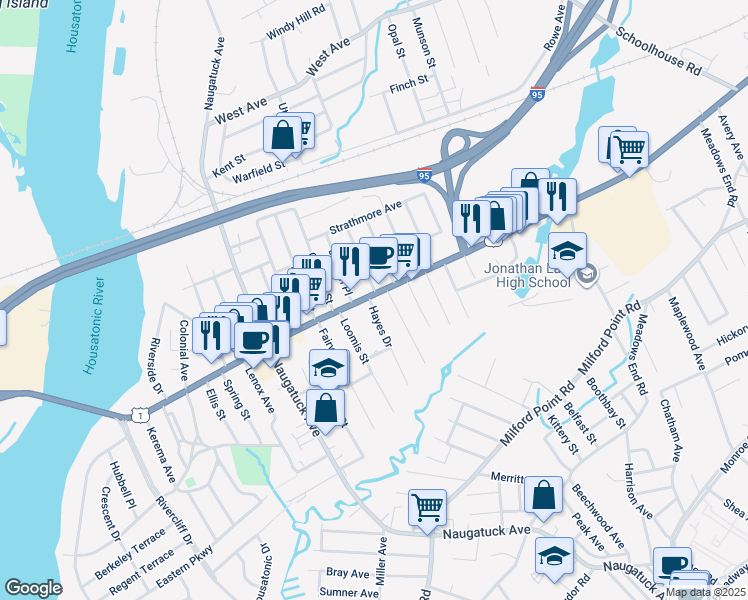 map of restaurants, bars, coffee shops, grocery stores, and more near 4 Hayes Drive in Milford