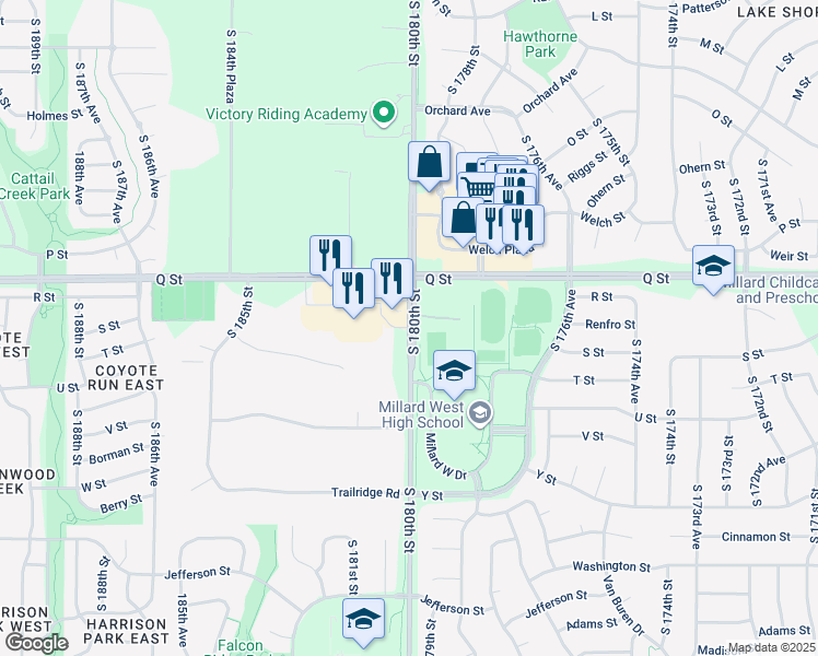 map of restaurants, bars, coffee shops, grocery stores, and more near R Plaza in Omaha