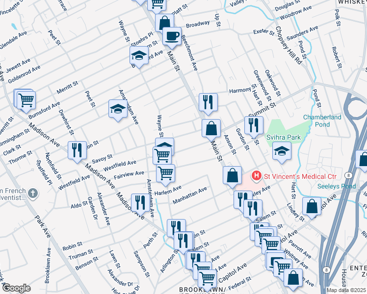 map of restaurants, bars, coffee shops, grocery stores, and more near 138 Westfield Avenue in Bridgeport