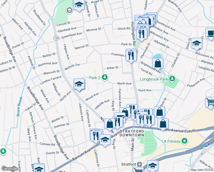 map of restaurants, bars, coffee shops, grocery stores, and more near 28 Wood Avenue in Stratford