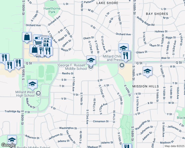 map of restaurants, bars, coffee shops, grocery stores, and more near 5304 South 172nd Street in Omaha