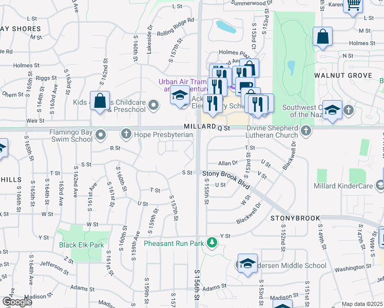 map of restaurants, bars, coffee shops, grocery stores, and more near 5340 South 156th Court in Omaha