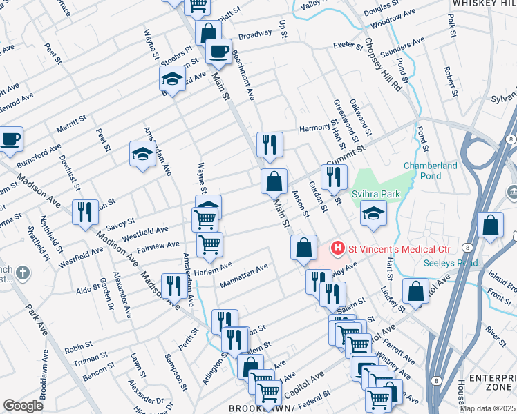 map of restaurants, bars, coffee shops, grocery stores, and more near 67 Westfield Avenue in Bridgeport