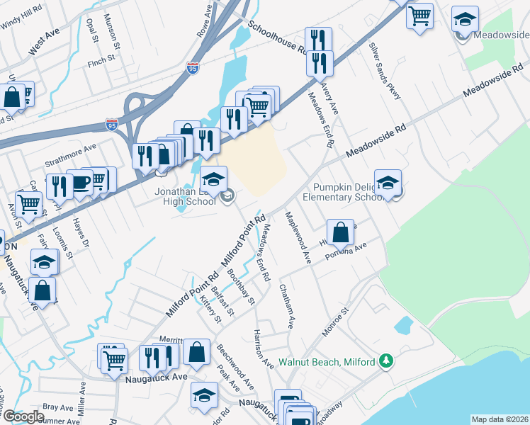 map of restaurants, bars, coffee shops, grocery stores, and more near 944 Milford Point Road in Milford
