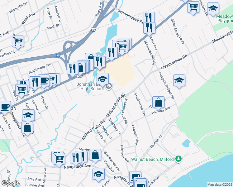 map of restaurants, bars, coffee shops, grocery stores, and more near 15 Lansdale Avenue in Milford