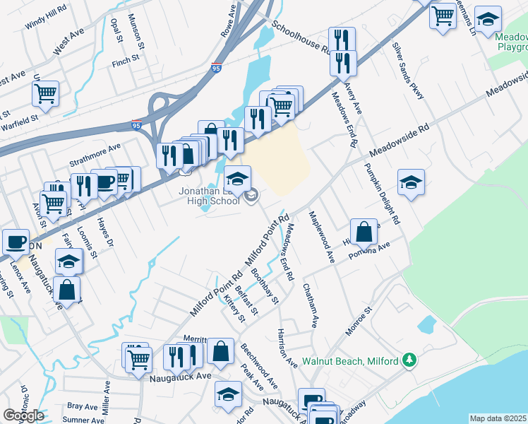 map of restaurants, bars, coffee shops, grocery stores, and more near 15 Lansdale Avenue in Milford