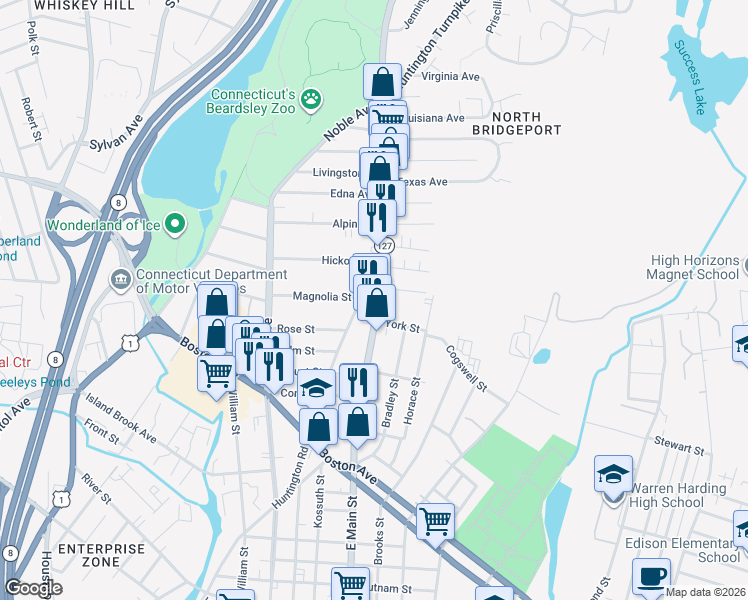 map of restaurants, bars, coffee shops, grocery stores, and more near 2110 East Main Street in Bridgeport