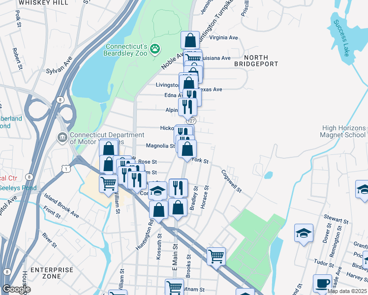 map of restaurants, bars, coffee shops, grocery stores, and more near 2110 East Main Street in Bridgeport