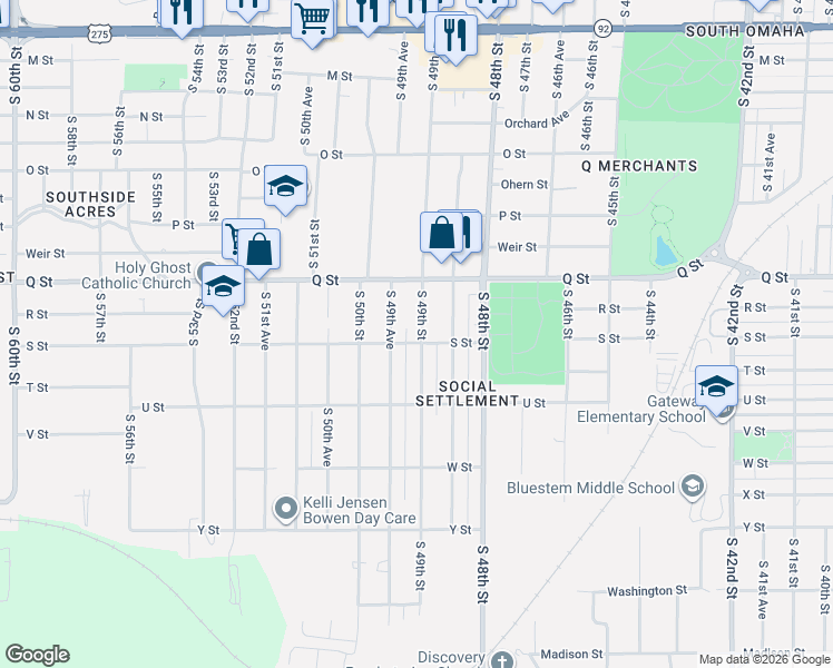 map of restaurants, bars, coffee shops, grocery stores, and more near 5258 South 49th Street in Omaha