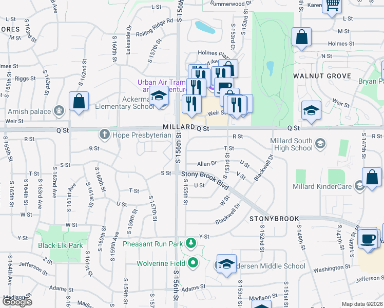 map of restaurants, bars, coffee shops, grocery stores, and more near 5512 South 155th Street in Omaha