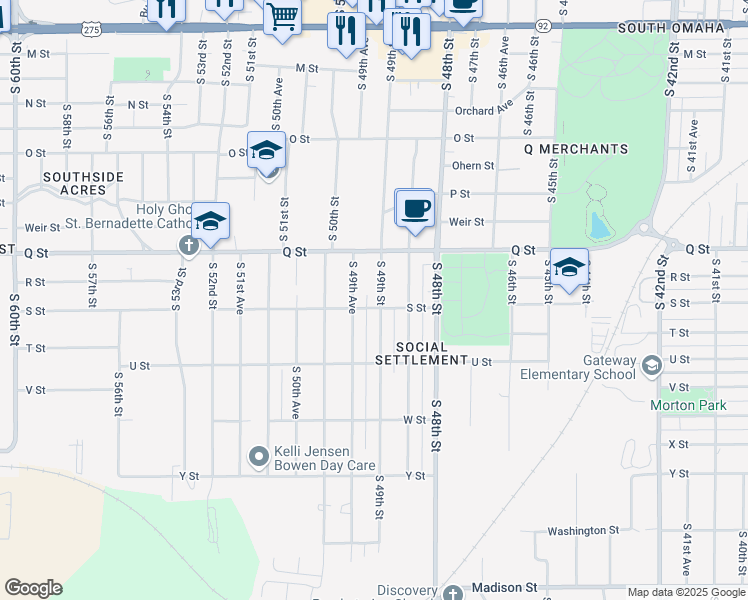 map of restaurants, bars, coffee shops, grocery stores, and more near 5258 South 49th Street in Omaha