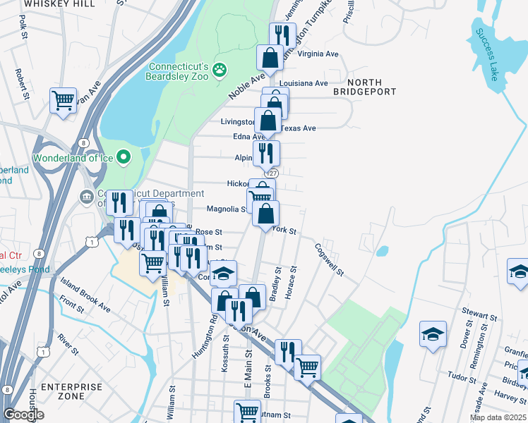 map of restaurants, bars, coffee shops, grocery stores, and more near 2110 East Main Street in Bridgeport