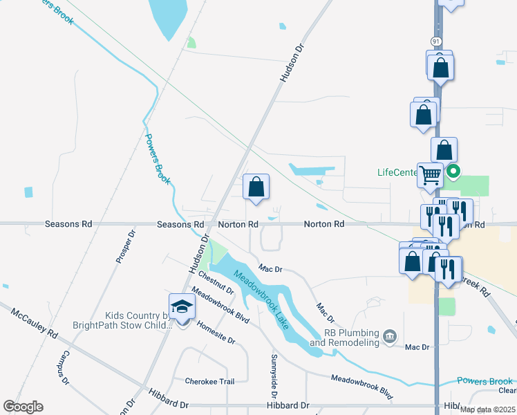 map of restaurants, bars, coffee shops, grocery stores, and more near 1217 Norton Road in Hudson