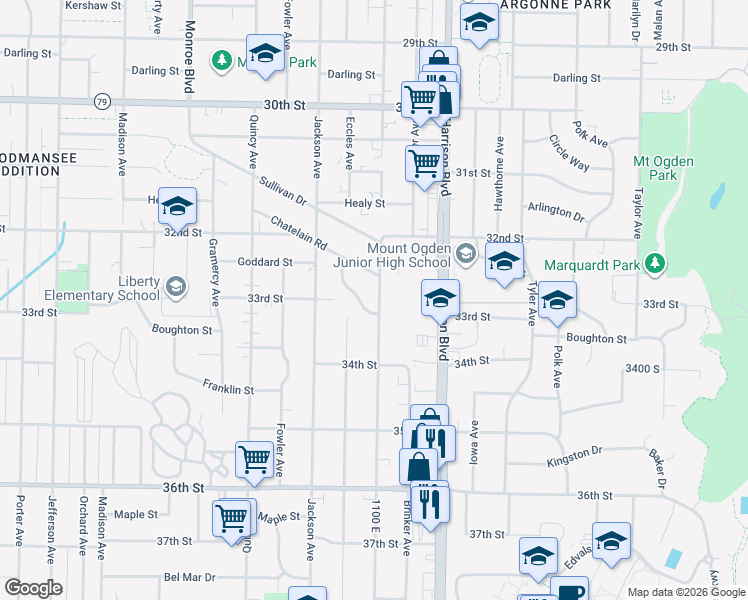 map of restaurants, bars, coffee shops, grocery stores, and more near 3287 Van Buren Avenue in Ogden