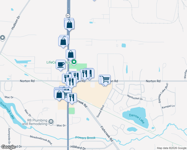 map of restaurants, bars, coffee shops, grocery stores, and more near 1633 Norton Road in Hudson