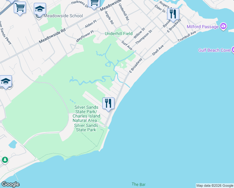 map of restaurants, bars, coffee shops, grocery stores, and more near 782 East Broadway in Milford