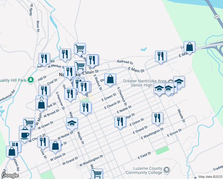 map of restaurants, bars, coffee shops, grocery stores, and more near 272 East Green Street in Nanticoke