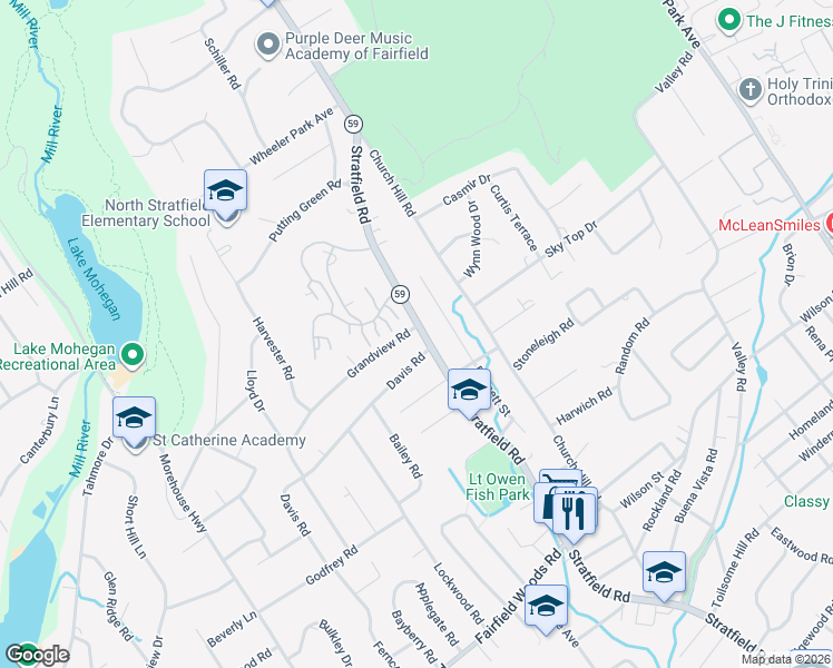 map of restaurants, bars, coffee shops, grocery stores, and more near 7 Grandview Road in Fairfield